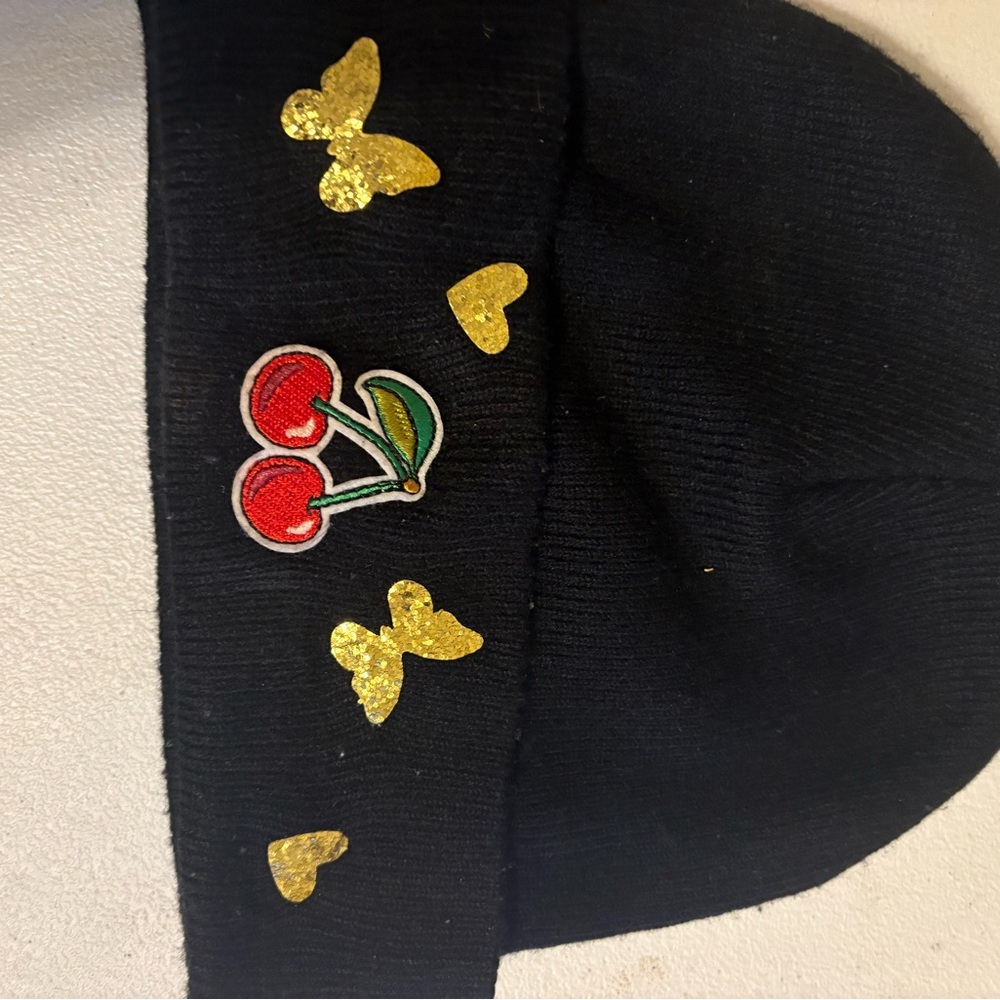 Black Beanie with Cherry and Gold Butterfly Accents